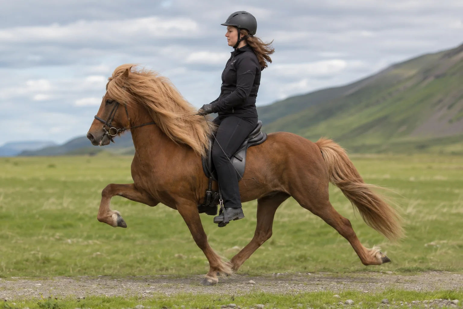 Cheval Islandais en action au tölt avec un cavalier, mouvement dynamique