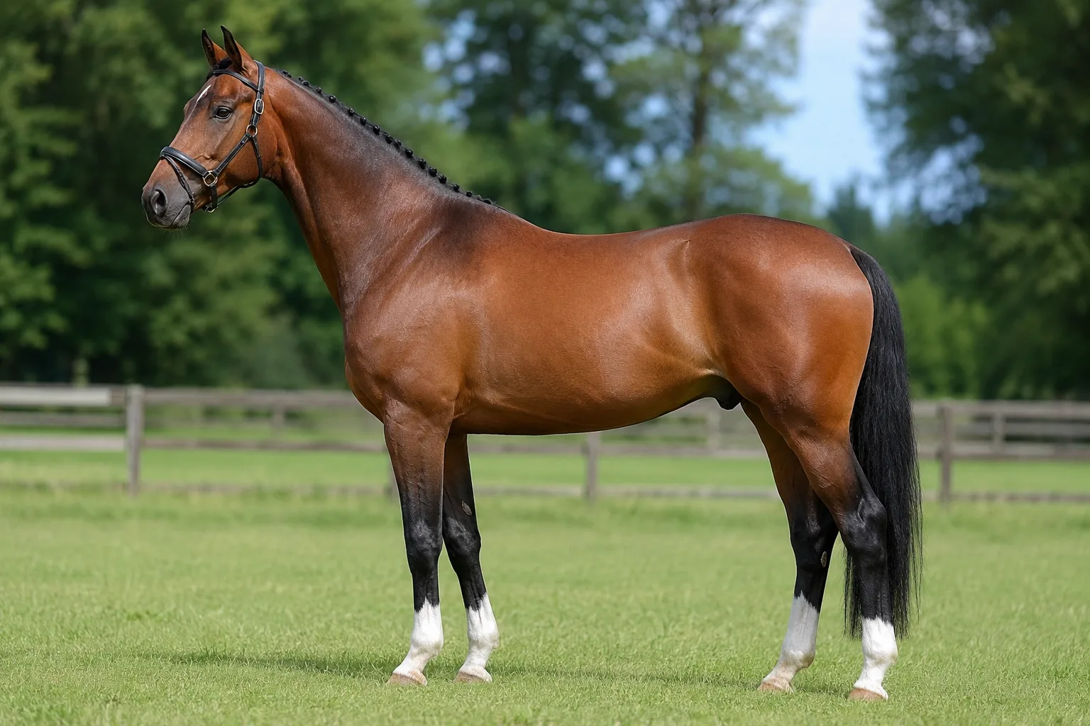 Cheval KWPN / Warmblood bai, de profil, debout dans un pré verdoyant, montrant sa silhouette athlétique et élégante.
