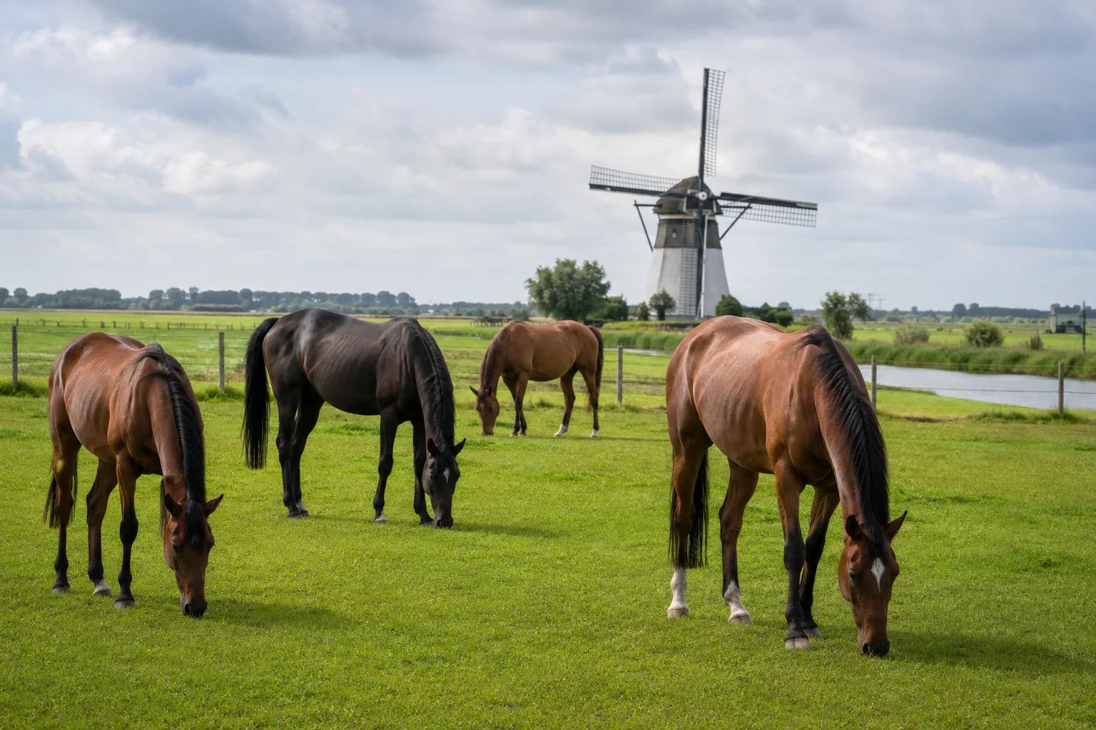 Plusieurs chevaux KWPN / Warmblood au pâturage dans un paysage de polders néerlandais.