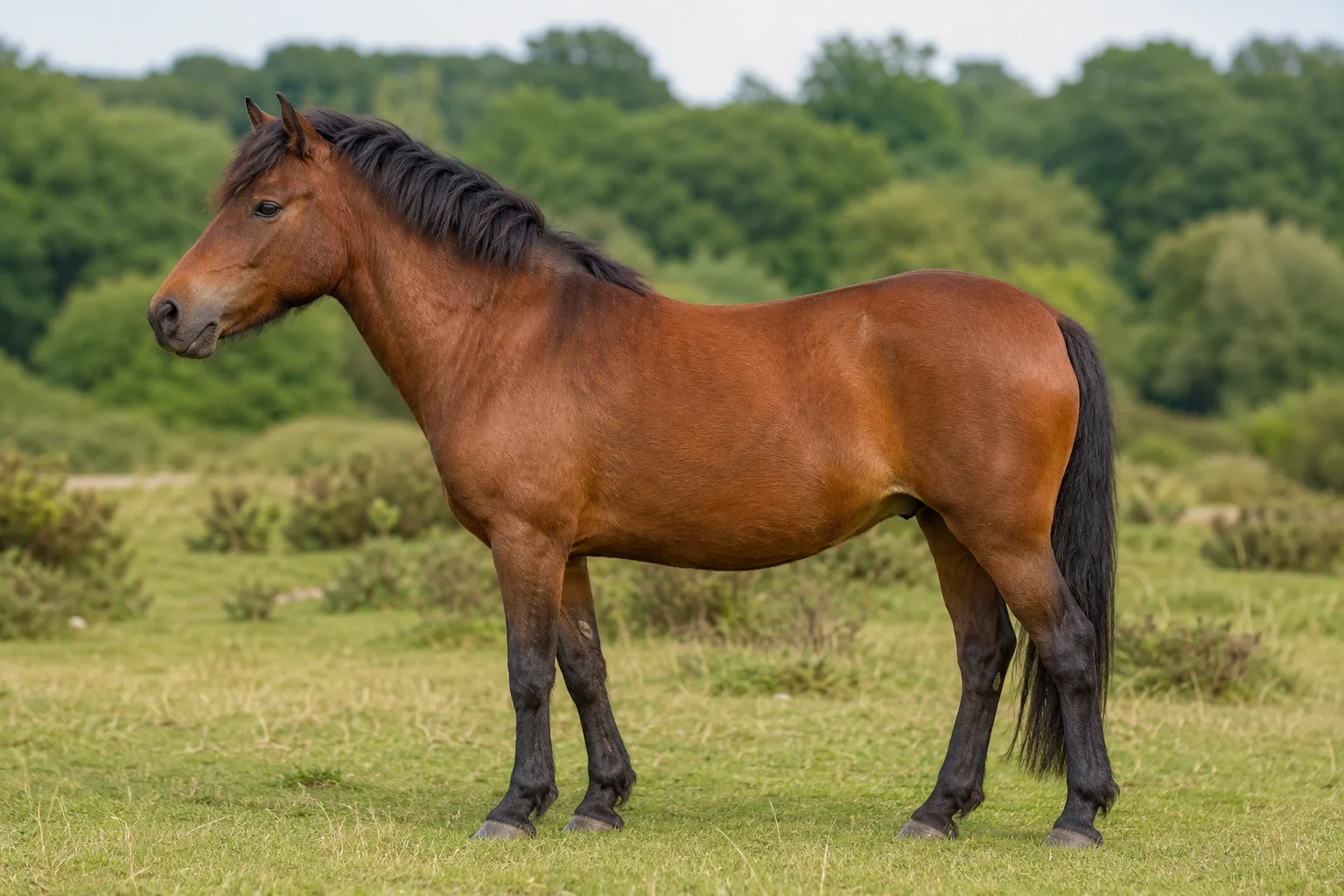 Cheval Lipizzan gris (blanc) en entier, de profil, dans un pré verdoyant avec un château en arrière-plan, sous un soleil de fin d'après-midi.