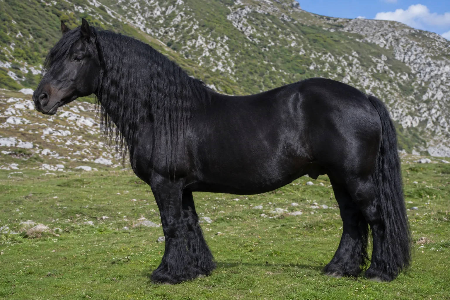 Cheval Mérens noir zain en entier, de profil, dans un pâturage de montagne des Pyrénées