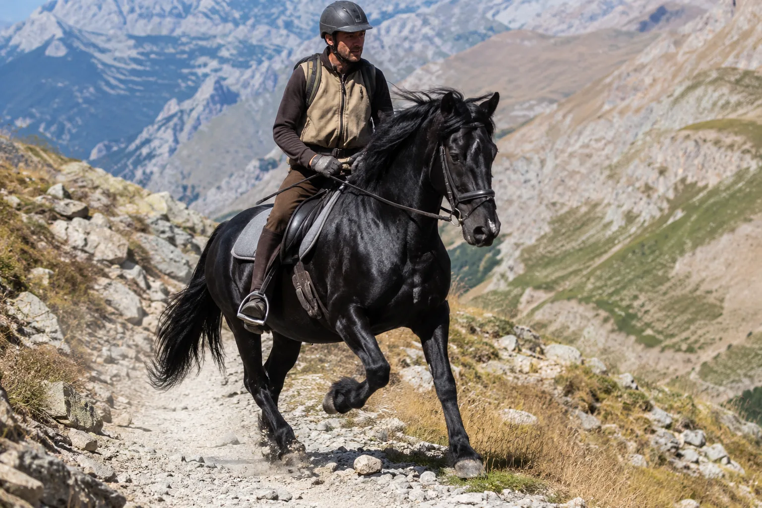 Cheval Mérens en action, trottant sur un sentier de montagne avec un cavalier