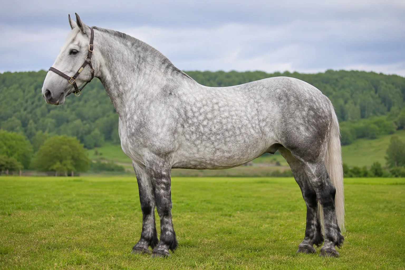 Cheval Percheron gris pommelé, de profil, debout dans un pré verdoyant sous un ciel clair.