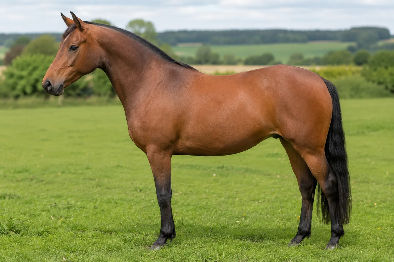 Poney Welsh Section B bai, élégant et athlétique, en profil dans un pré verdoyant