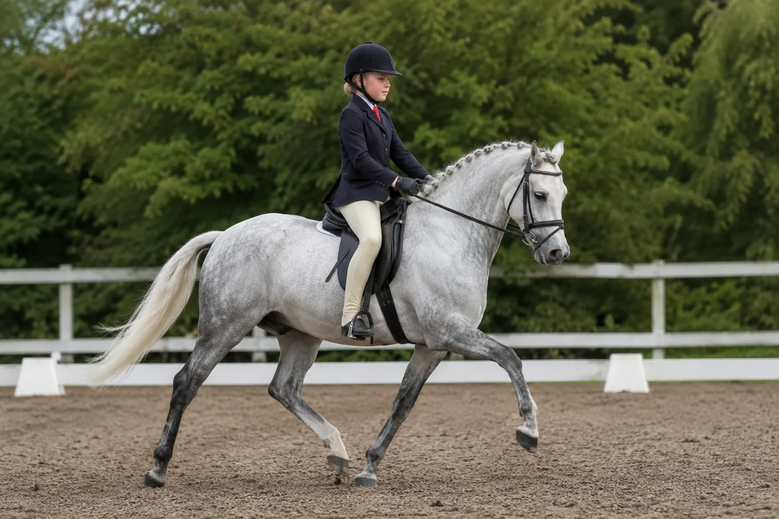 Poney Welsh en plein trot relevé avec un cavalier, en action sur une piste de dressage
