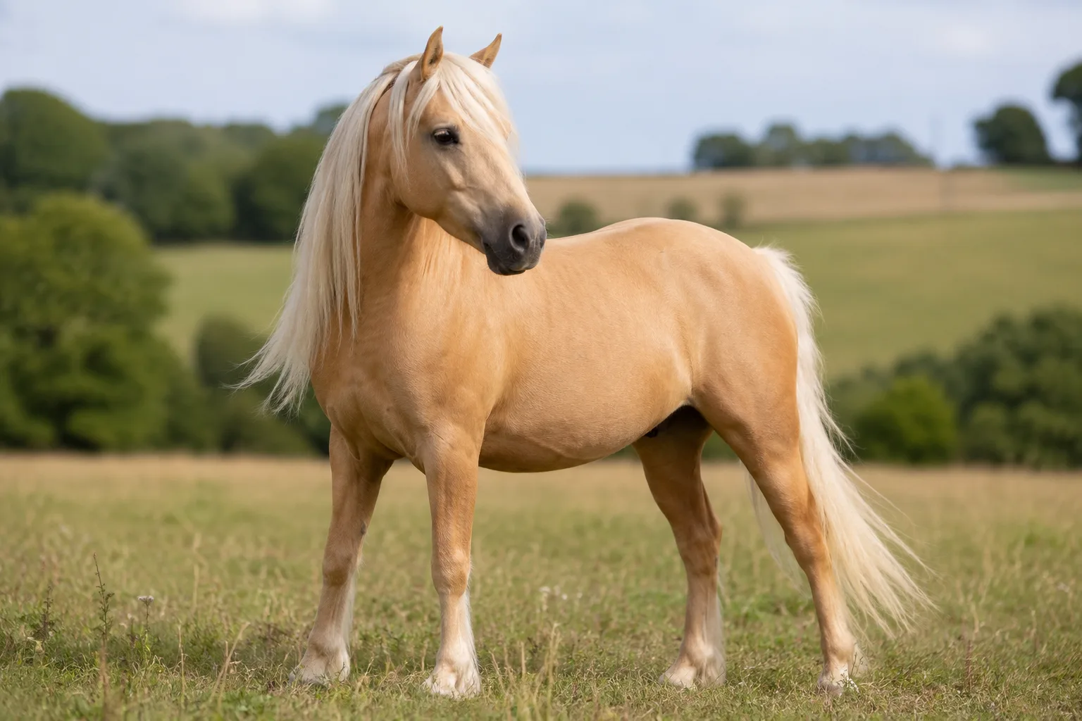 Poney Welsh à la robe palomino, avec crins et queue clairs, dans un champ