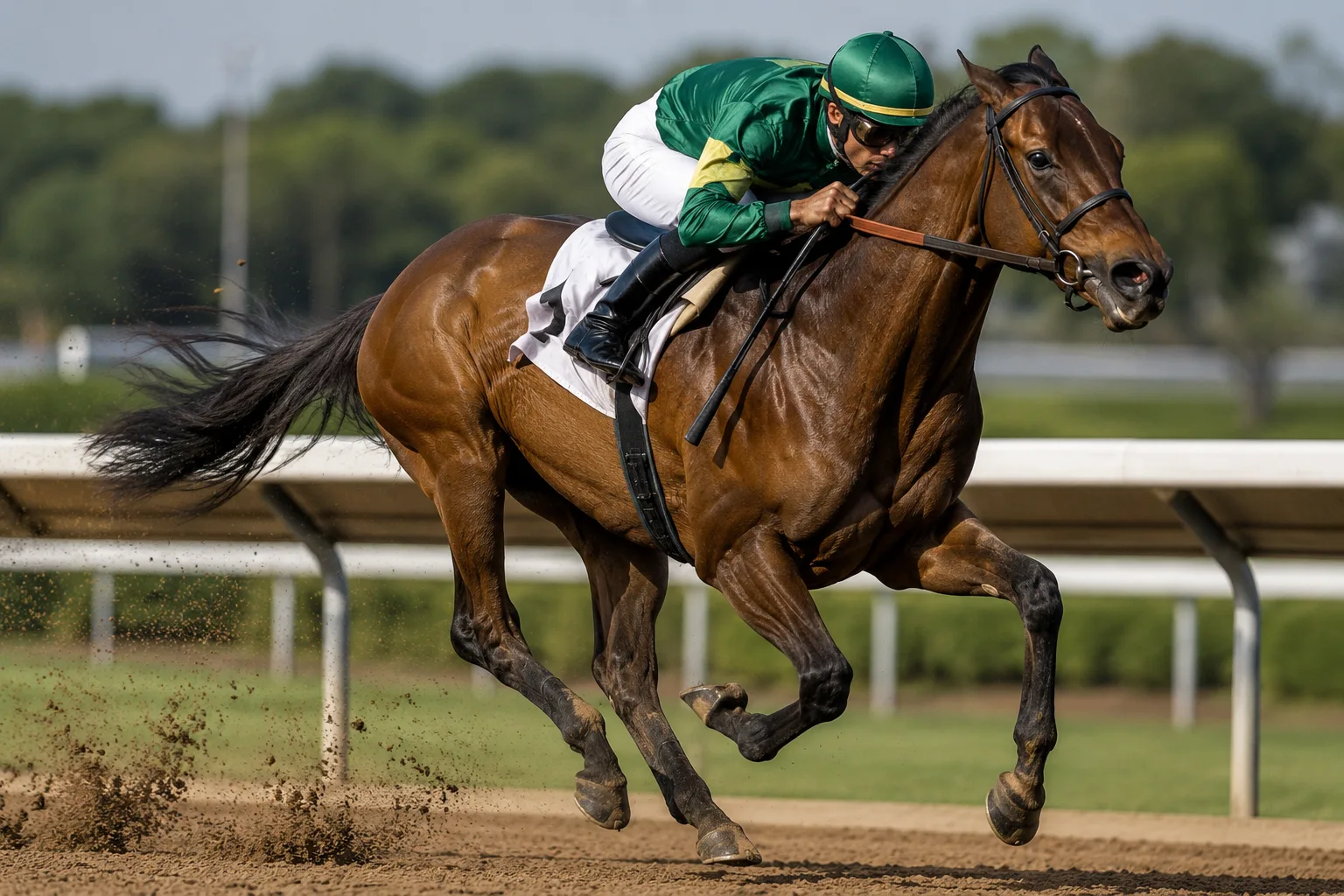 Pur-sang Anglais bai en plein galop sur une piste de course, exprimant sa vitesse et sa puissance.