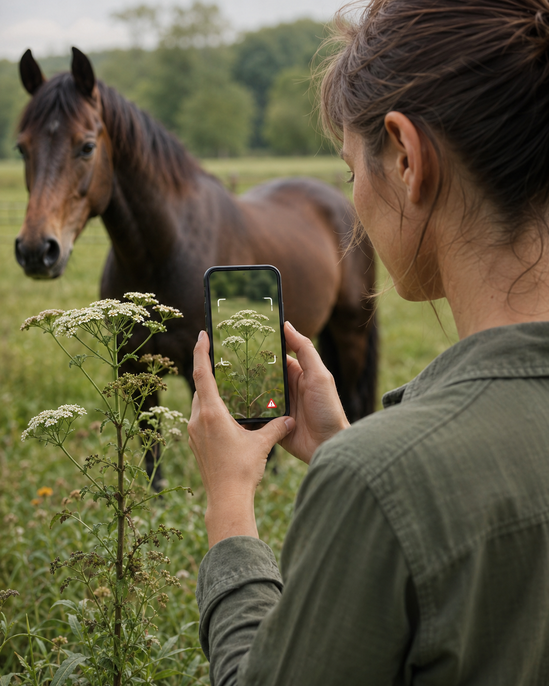 Hêtre commun / cheval senior : reconnaissance de plante toxique au pré, observation du contexte de pâture et gestion des risques. Application mobile Equio pour identifier les plantes toxiques au cheval.