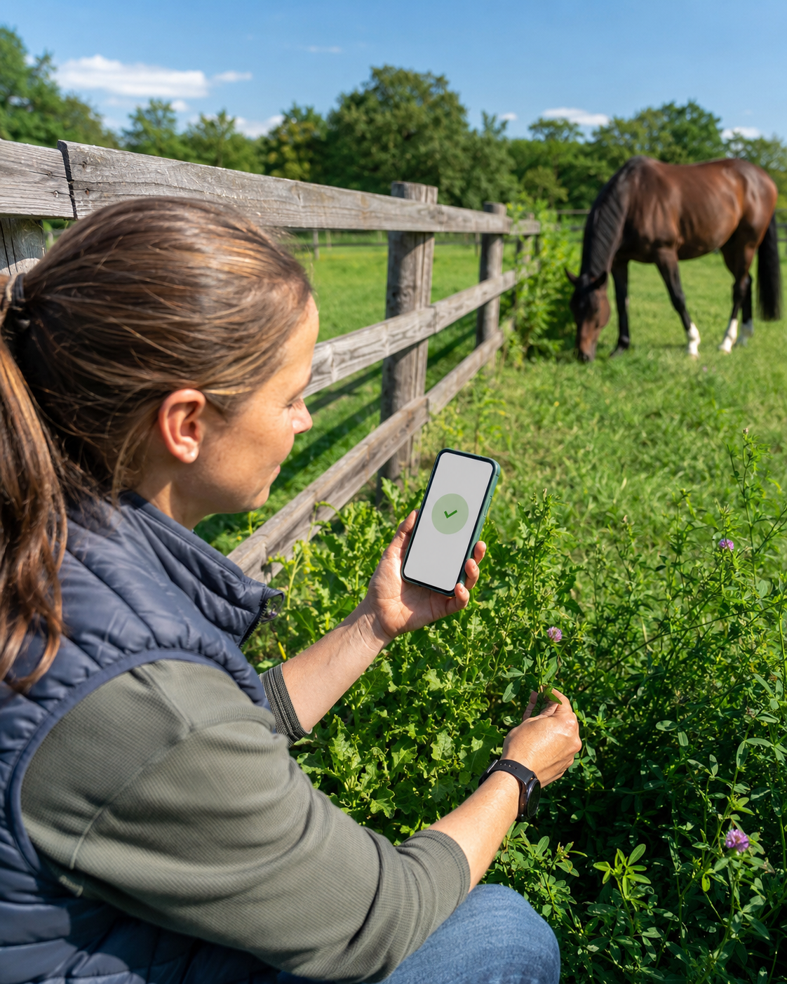 Plantes et profils sensibles : reconnaissance de plante toxique au pré, observation du contexte de pâture et gestion des risques. Application mobile Equio pour identifier les plantes toxiques au cheval.