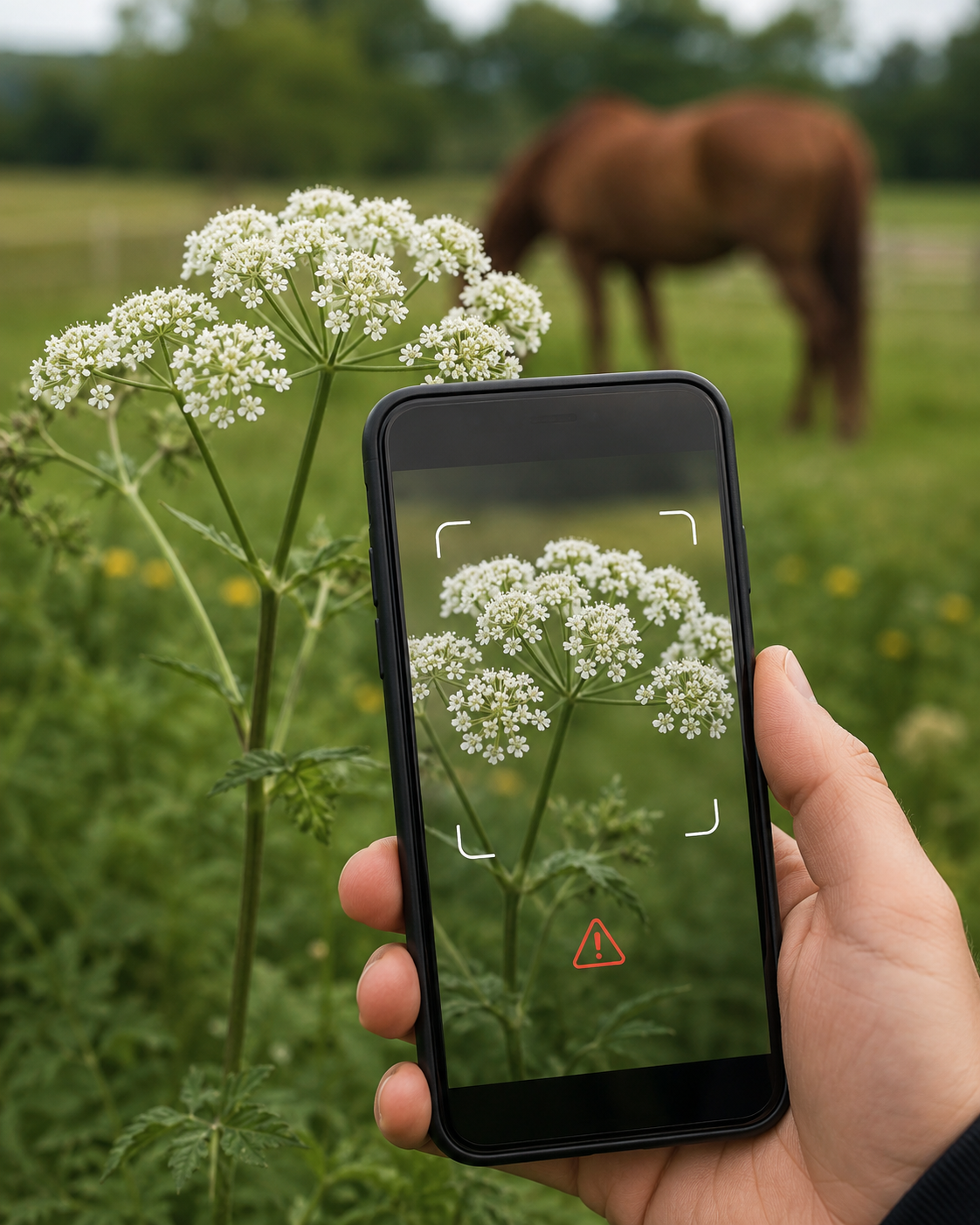 Glaïeul / poulain et jeune cheval : reconnaissance de plante toxique au pré, observation du contexte de pâture et gestion des risques. Application mobile Equio pour identifier les plantes toxiques au cheval.