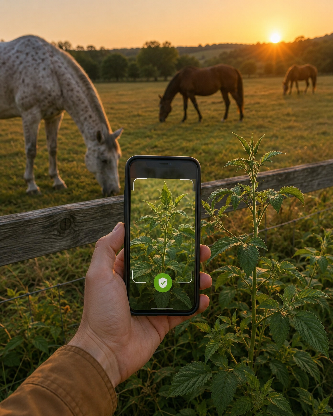 Prêle des champs : reconnaissance de plante toxique au pré, observation du contexte de pâture et gestion des risques. Application mobile Equio pour identifier les plantes toxiques au cheval.