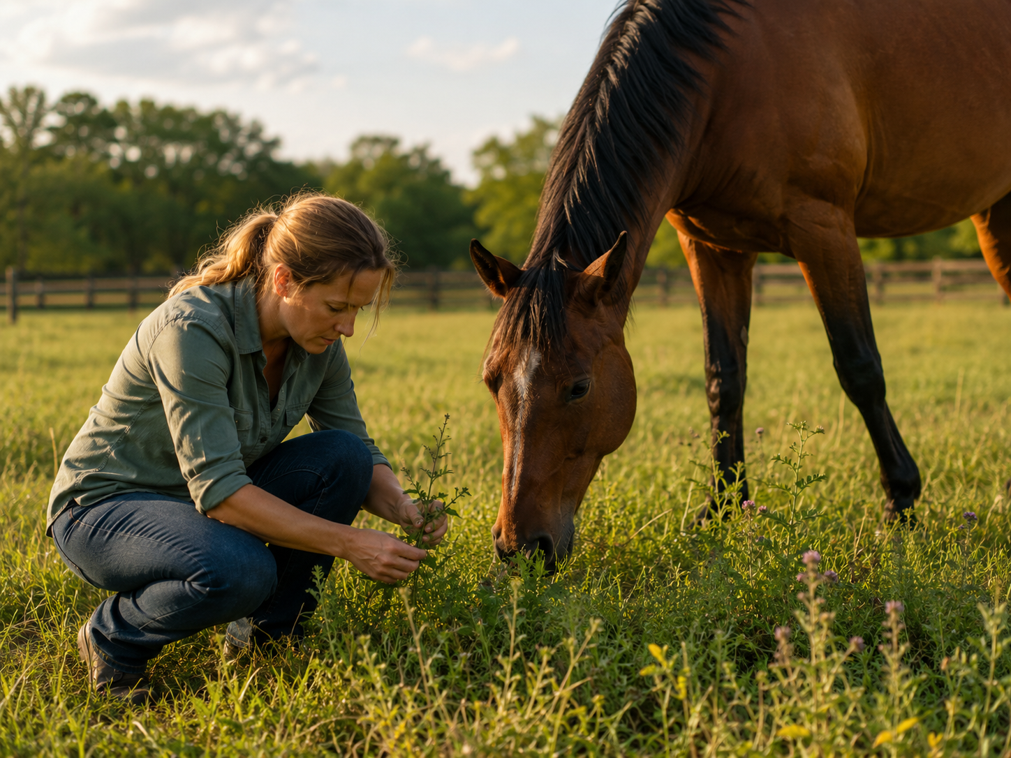 Glaïeul / cheval senior : reconnaissance de plante toxique au pré, observation du contexte de pâture et gestion des risques. Application mobile Equio pour identifier les plantes toxiques au cheval.