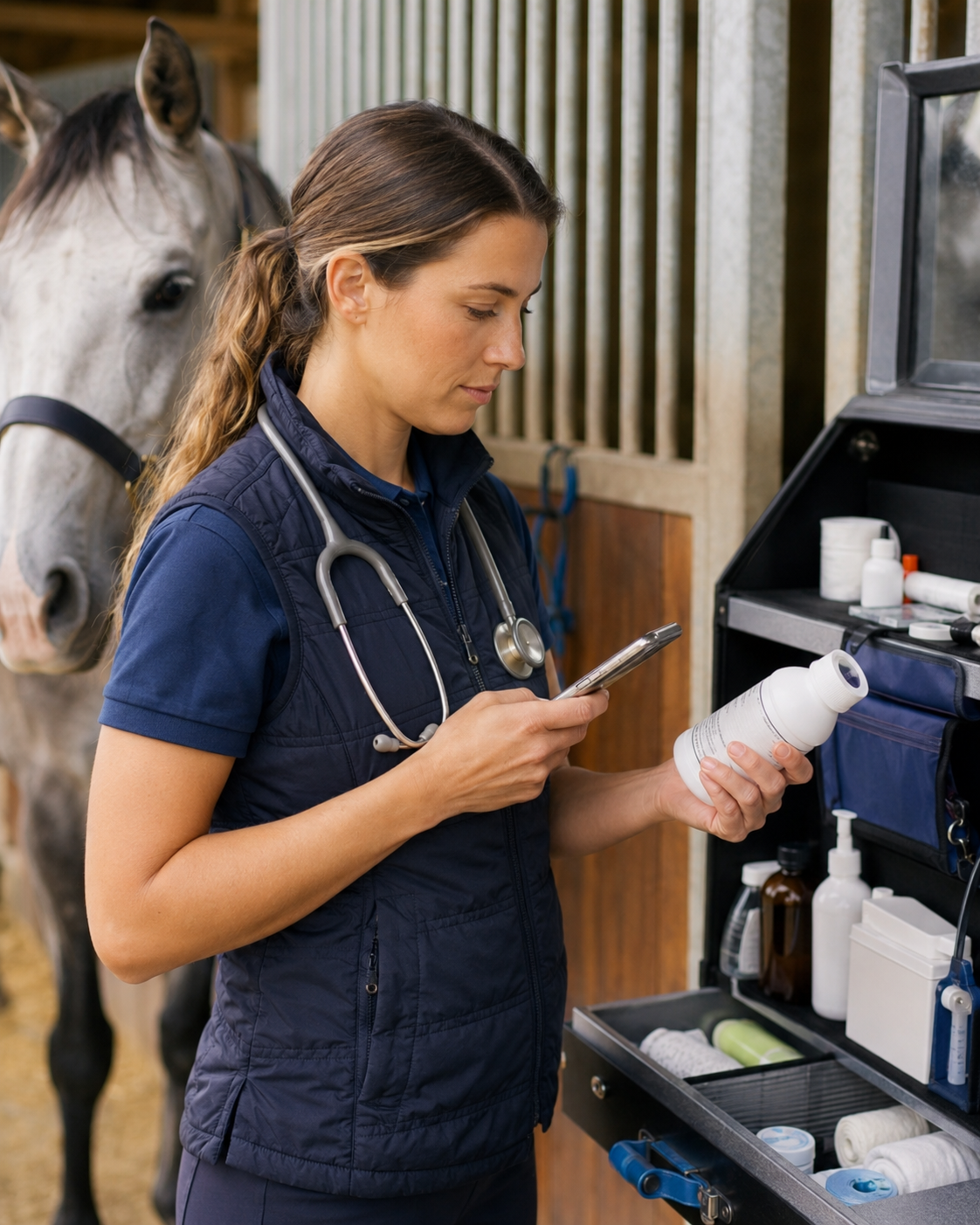 Complément articulaire cheval : application de soin équin, vérification de produit et surveillance de réaction cutanée. Vérification de sécurité et gestion des soins équins avec Equio.