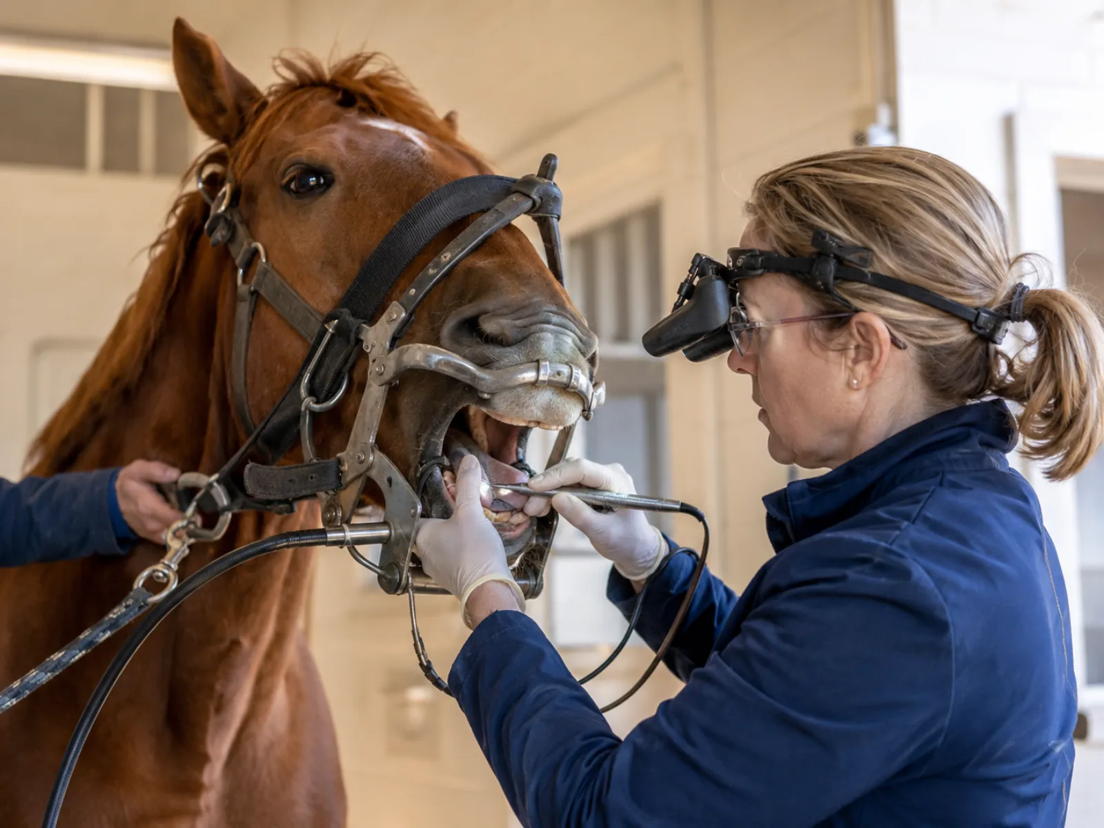Vétérinaire équin réalisant un examen sur un cheval